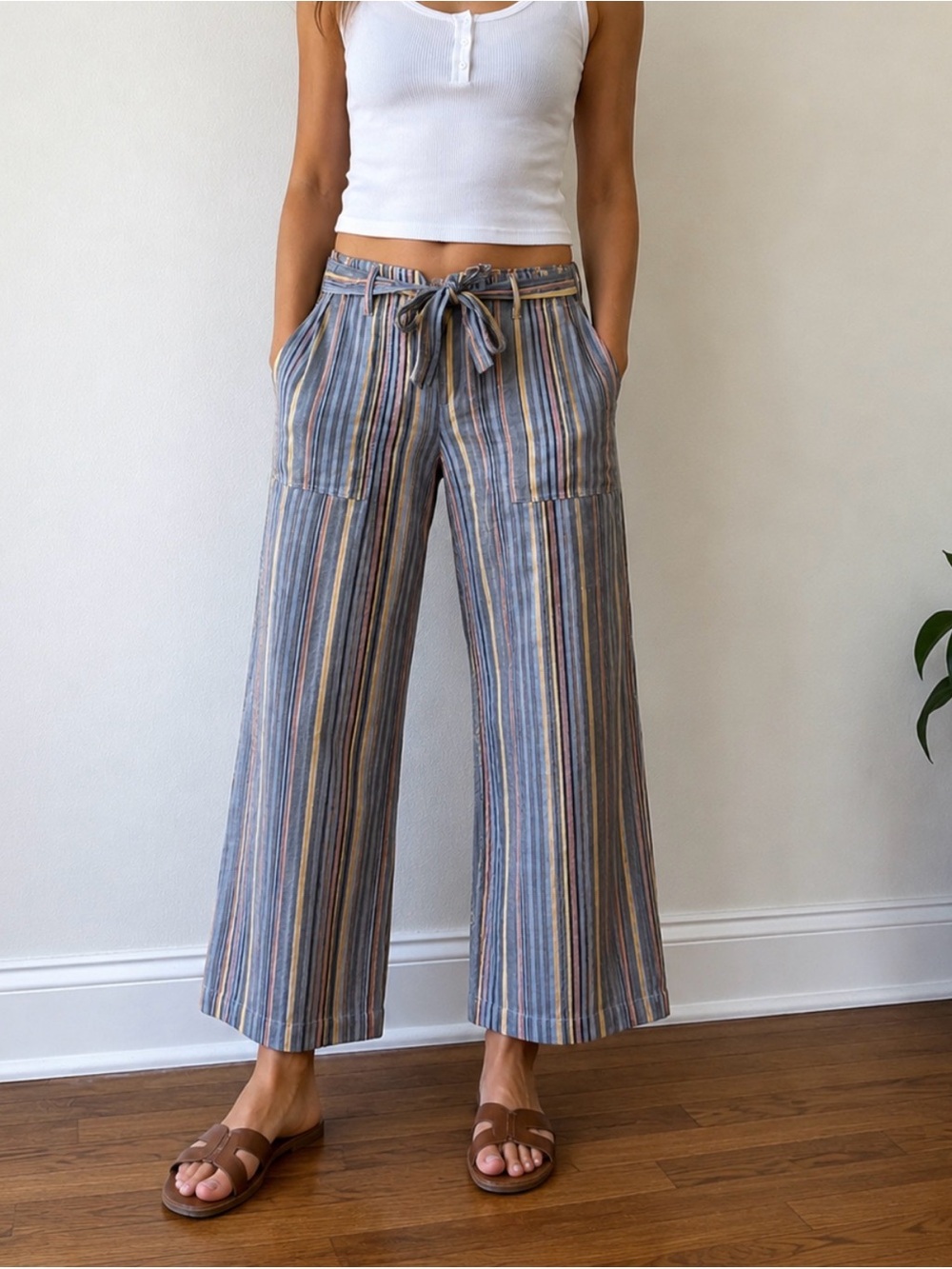 Seven7 Striped Linen Wide Leg Cropped Tie Waist Pants Sz 4